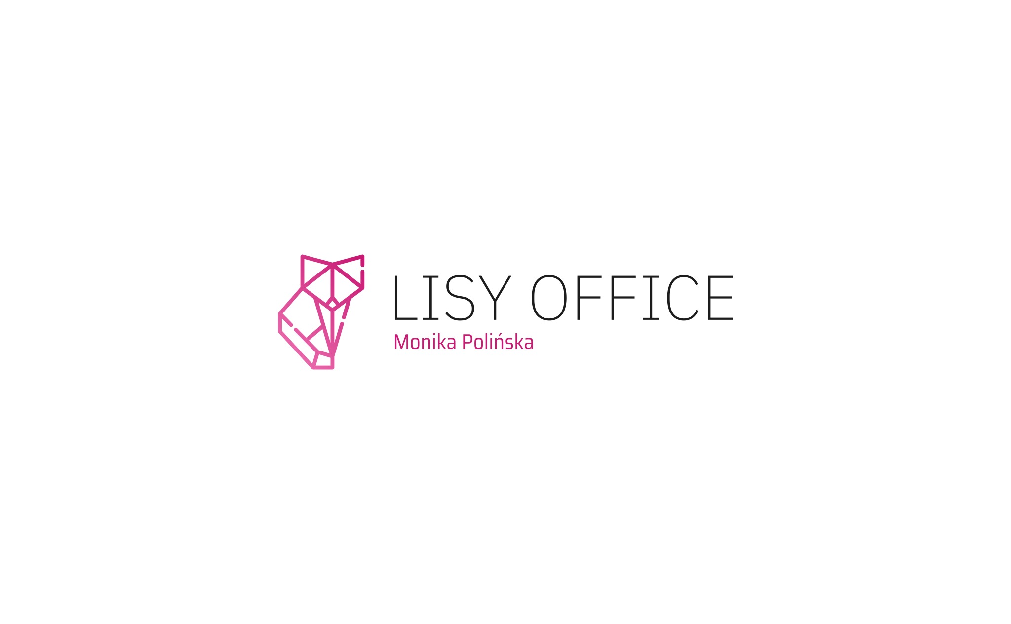 Logo firmy Lisy Office z geometrycznym symbolem liska w kolorze magenta, obok nazwa firmy i imię Monika Polińska, również w kolorze magenta.