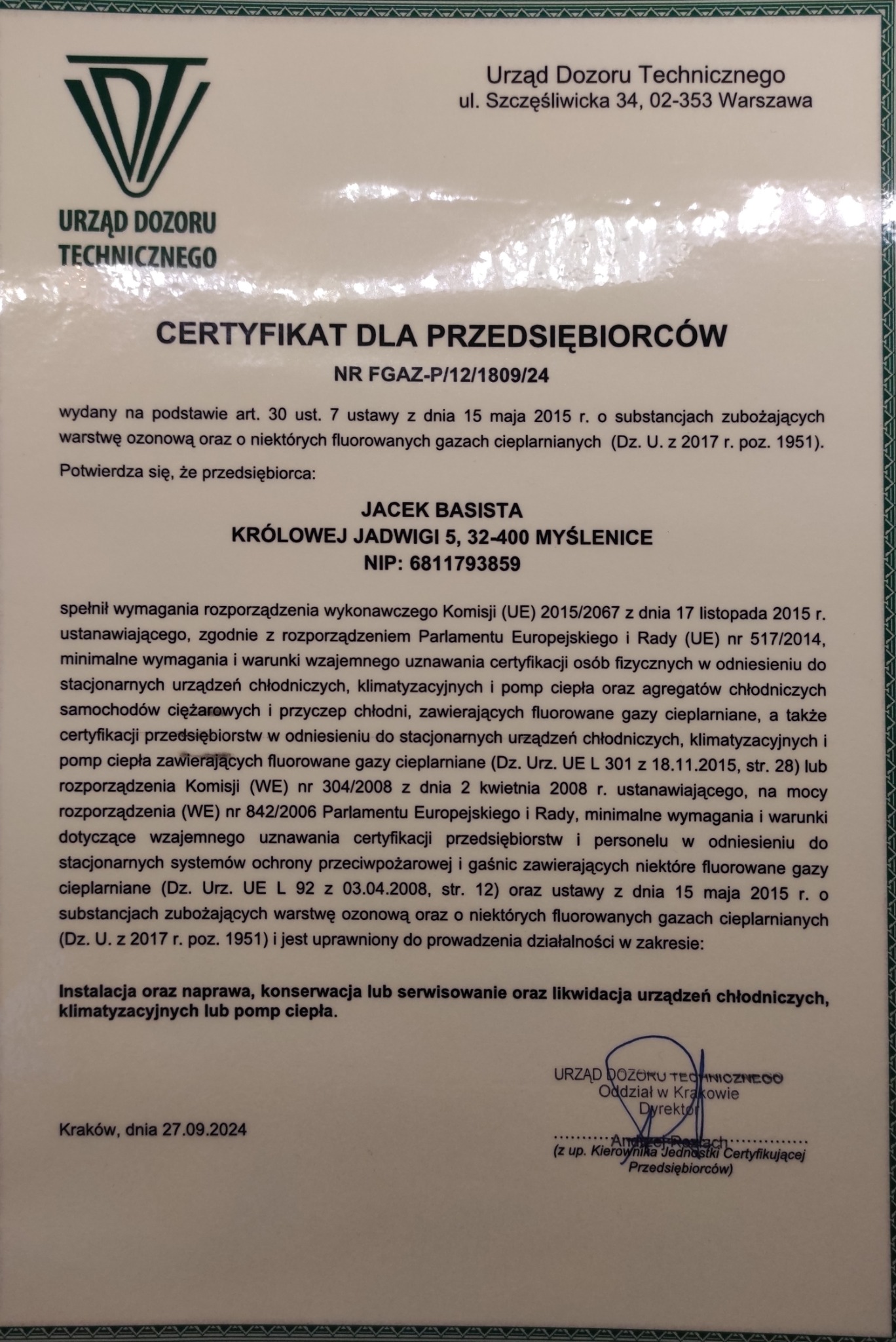 Certyfikat f-gazowy firmowy, najważniejszy dokument montera klimatyzacji