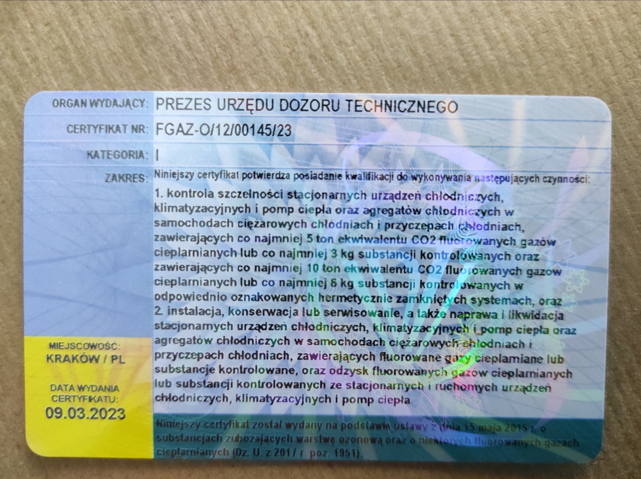 Certyfikat f-gazowy dla personelu cd....