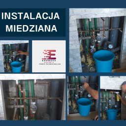 Express Serwis Radosław Kościelniak - Kompozycja zdjęć przedstawiająca montaż miedzianej instalacji hydraulicznej w trakcie prac, widoczne rury miedziane i plastikowe, zawory, liczniki, niebieskie wiadro, częściowo wykończone ściany...