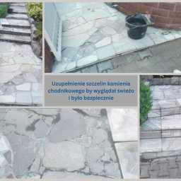 Express Serwis Radosław Kościelniak - Uzupełnione szczeliny w kamiennym chodniku i schodach zewnętrznych, wiadro z zaprawą i pędzel na krawędzi chodnika, widoczne fragmenty ogrodu i ceglanego muru.
