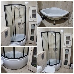 Express Serwis Radosław Kościelniak - Kompaktowa kabina prysznicowa narożna z czarnymi profilami w łazience z beżowymi płytkami, widok z różnych perspektyw w formie kolażu.