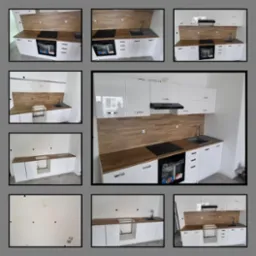 Nowoczesna kuchnia z białymi szafkami i drewnianym blatem. Widoczna płyta indukcyjna, zlew i okap. Prosty, minimalistyczny design. Oświetlenie górne.