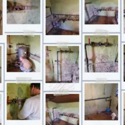 Kolaż zdjęć przedstawiających instalacje hydrauliczne w pomieszczeniach o zróżnicowanym stanie technicznym, z widocznymi rurami, zaworami i osobą pracującą przy instalacji.