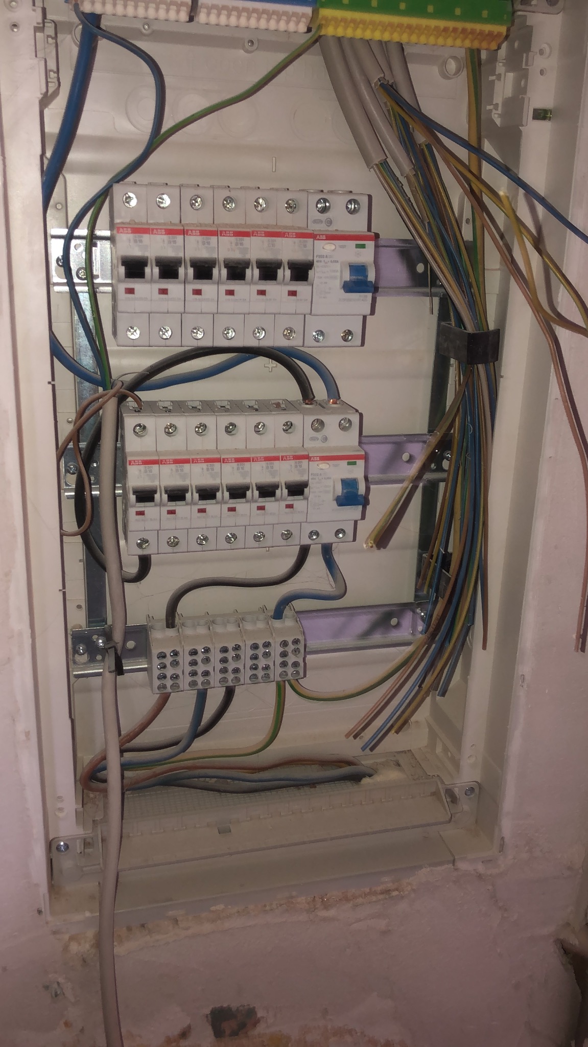 Rozdzielnia elektryczna z zamontowanymi bezpiecznikami ABB i podłączonymi przewodami, widoczne ślady szpachli na ścianie.
