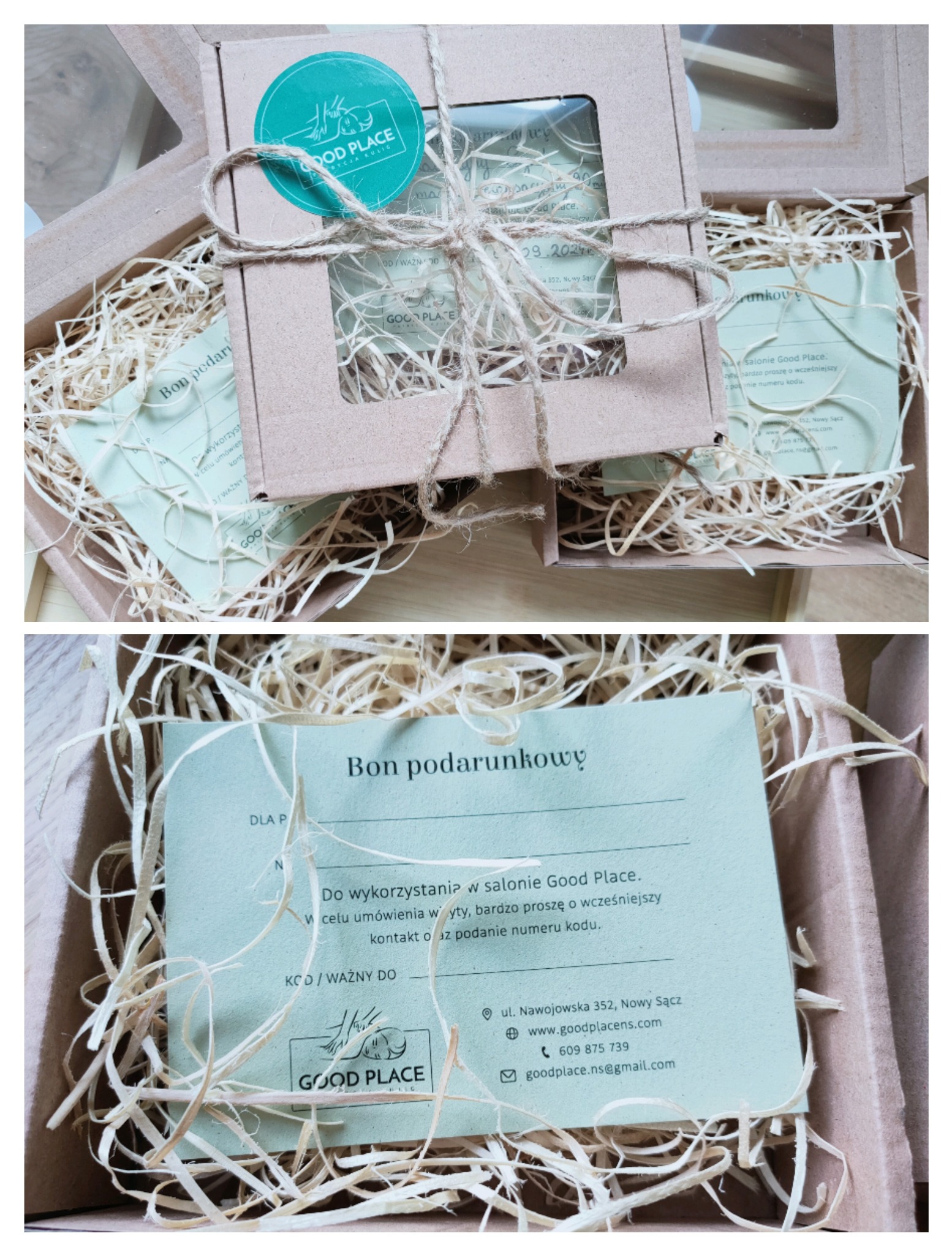 Zestaw prezentowy z bonami podarunkowymi do salonu 'Good Place', zapakowany w ekologiczne pudełko z okienkiem, wypełnione siankiem i przewiązane sznurkiem.
