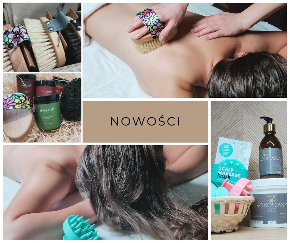 Kolaż zdjęć prezentujący zabieg szczotkowania ciała z użyciem szczotek z drewnianą rączką i kwiatowym motywem oraz kosmetyki marki Mokosh i Lodhara, w tym olej kokosowy i szczotkę do masażu skóry...