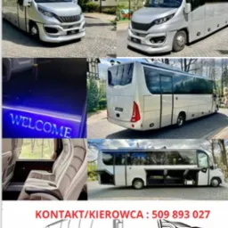 Kolaż prezentujący srebrnego busa z zewnątrz i wewnątrz: widok z przodu na tle budynku, wnętrze z podświetlanym napisem 'WELCOME' i skórzanymi siedzeniami, oraz bok pojazdu z otwartymi schowkami,...