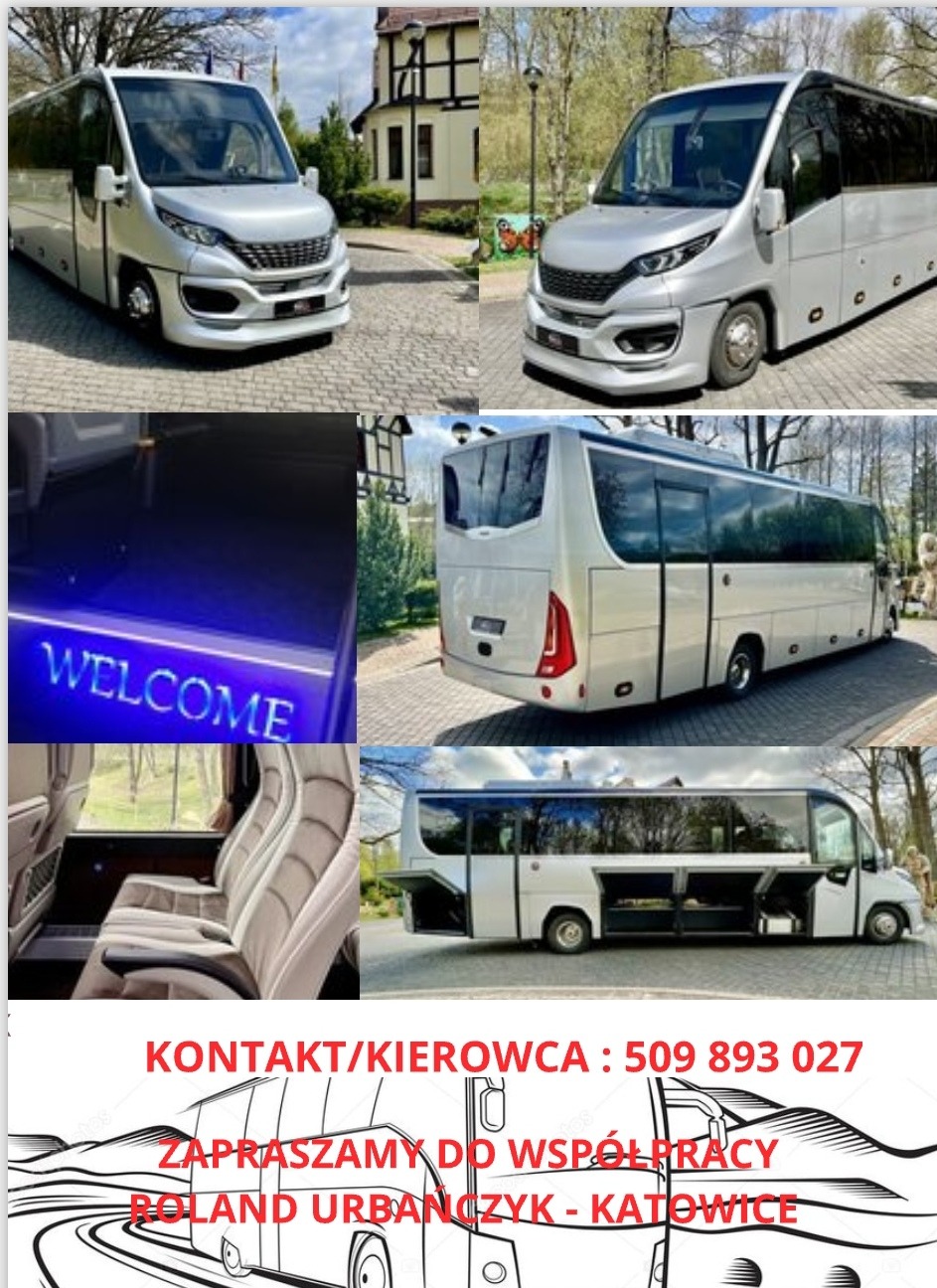 Kolaż prezentujący srebrnego busa z zewnątrz i wewnątrz: widok z przodu na tle budynku, wnętrze z podświetlanym napisem 'WELCOME' i skórzanymi siedzeniami, oraz bok pojazdu z otwartymi schowkami,...