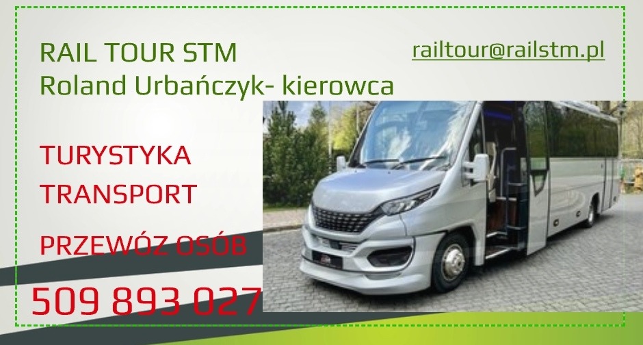 Srebrny bus turystyczny z otwartymi drzwiami na tle zieleni, prezentowany na grafice z danymi kontaktowymi firmy.