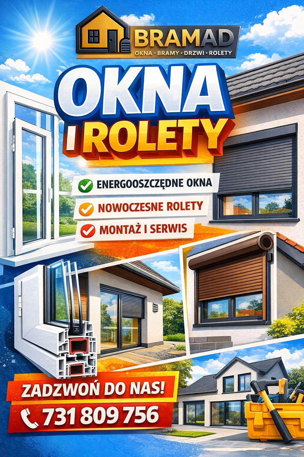 Energooszczędne okna i nowoczesne rolety na budynku. Reklama firmy Bramad z numerem telefonu. Prezentacja przekroju okna PCV.