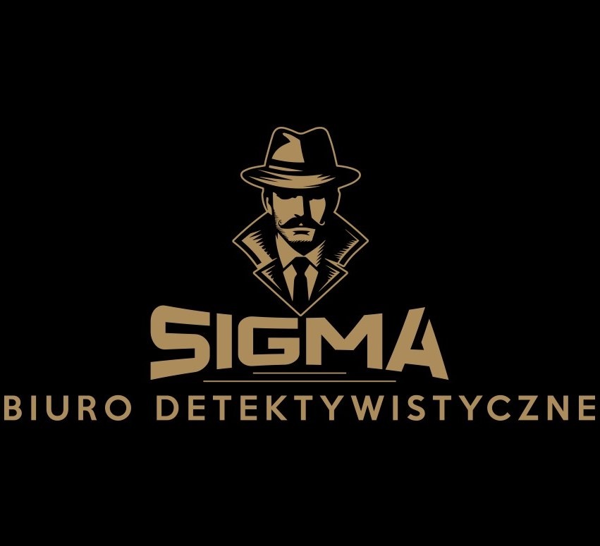 Złote logo biura detektywistycznego 'SIGMA' na czarnym tle, przedstawiające wizerunek mężczyzny w kapeluszu i płaszczu z podniesionym kołnierzem.