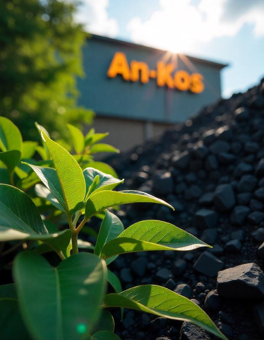 Kadr z bliska na zieloną roślinę na tle hałdy węgla i budynku z napisem 'An-Kos' podświetlonym słońcem.