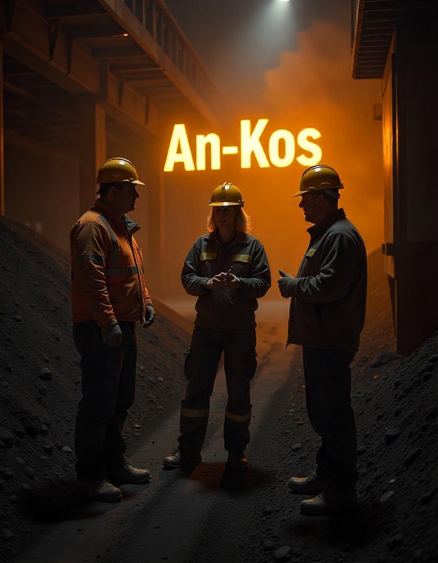 Trzech pracowników w kaskach i odzieży roboczej rozmawia na tle hałdy węgla i podświetlonego logo firmy An-Kos.