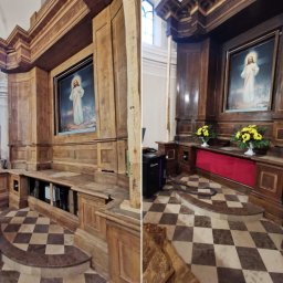 Czyszczenie Laserem - Porównanie stanu przed i po czyszczeniu drewnianego ołtarza w kościele, z widocznym urządzeniem czyszczącym i obrazem Jezusa w tle.