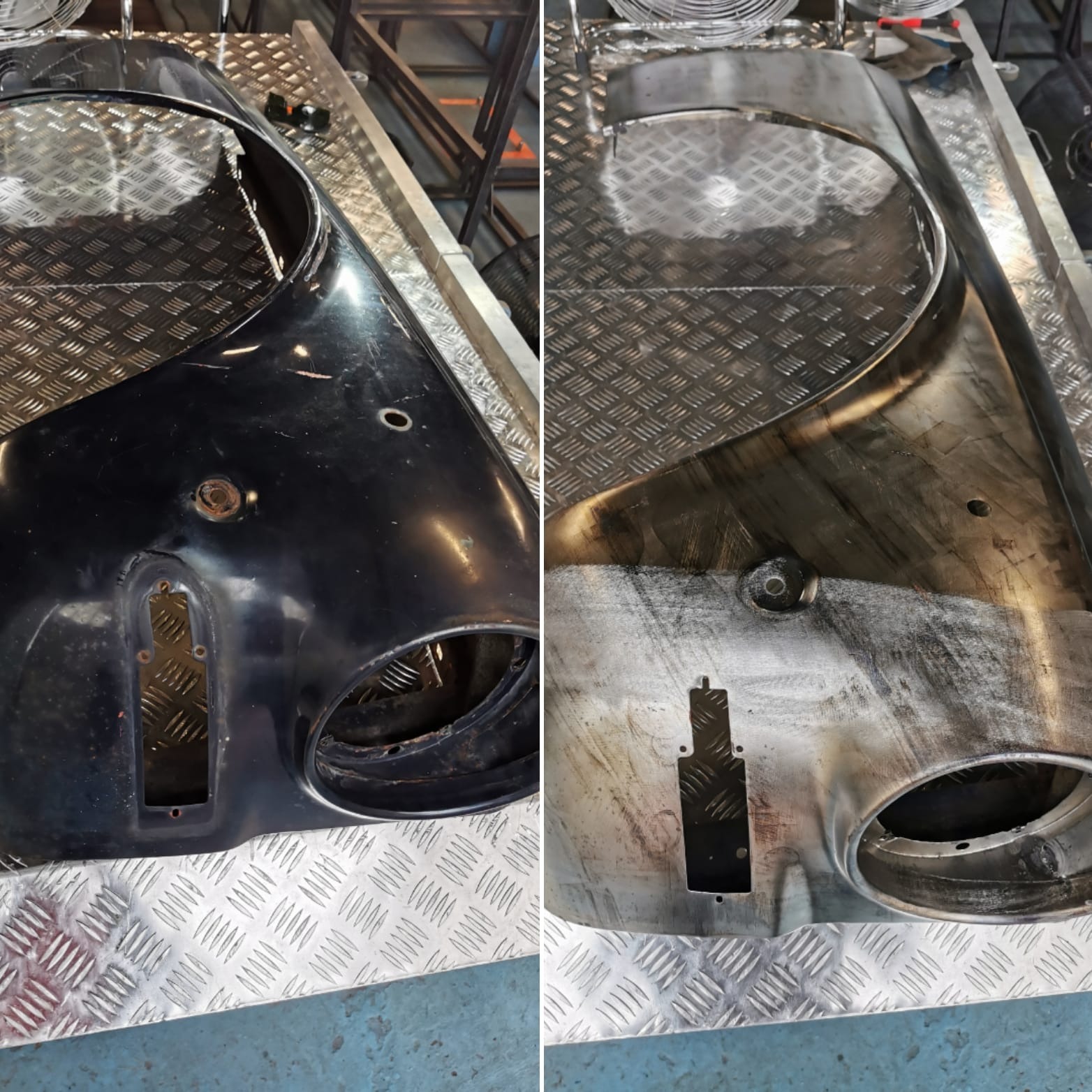 Porównanie elementu karoserii samochodowej przed i po usunięciu starej powłoki, widoczne ślady korozji oraz metal po obróbce.