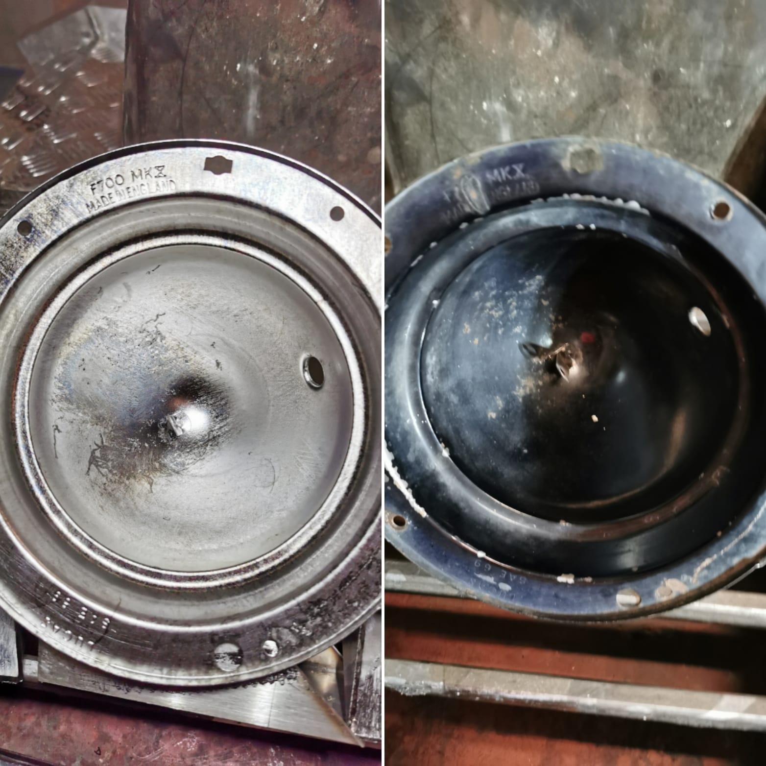 Porównanie: element samochodowy przed i po czyszczeniu, widoczne napisy 'F700 MKZ MADE IN ENGLAND' oraz 'MKX SAE 69'.