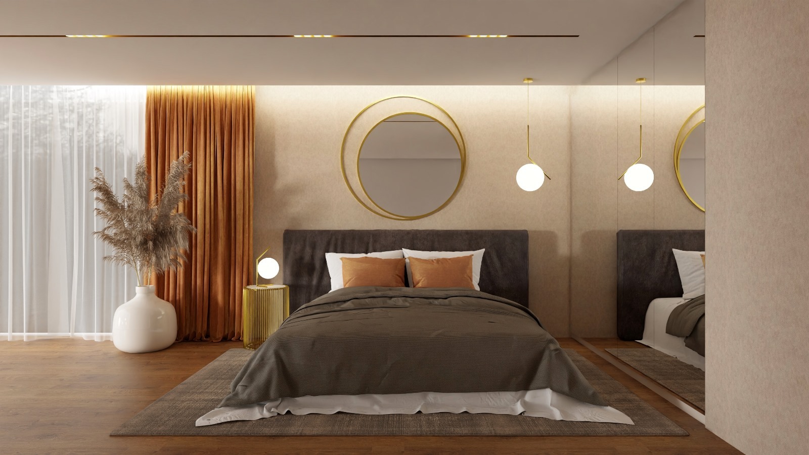 Nowoczesna sypialnia z łóżkiem z ciemnym zagłówkiem, okrągłym lustrem w złotej ramie, lampką nocną na złotym stoliku i wysokim wazonem z suszonymi trawami przy oknie z białymi i pomarańczowymi...