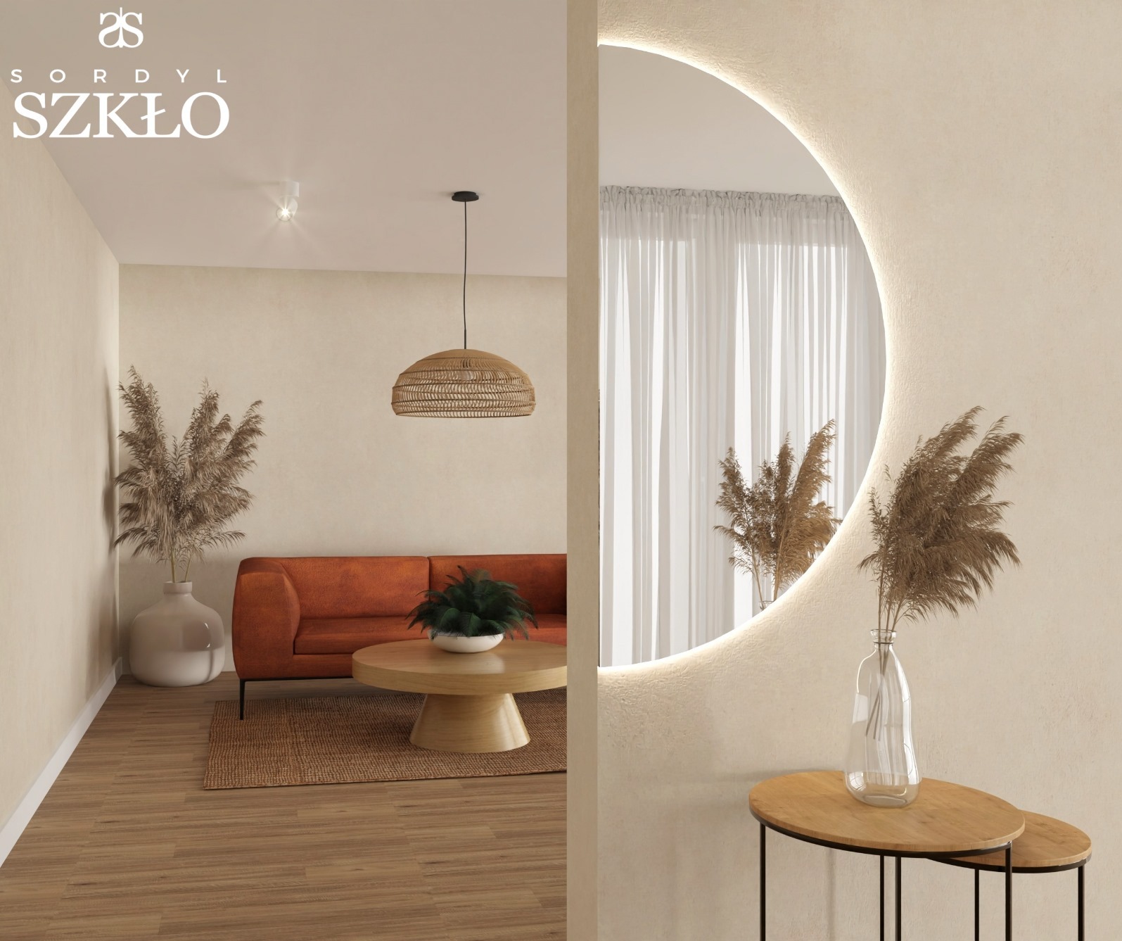 Nowoczesne wnętrze z okrągłym lustrem z podświetleniem LED, odbijającym część salonu z pomarańczową sofą i drewnianym stolikiem kawowym.