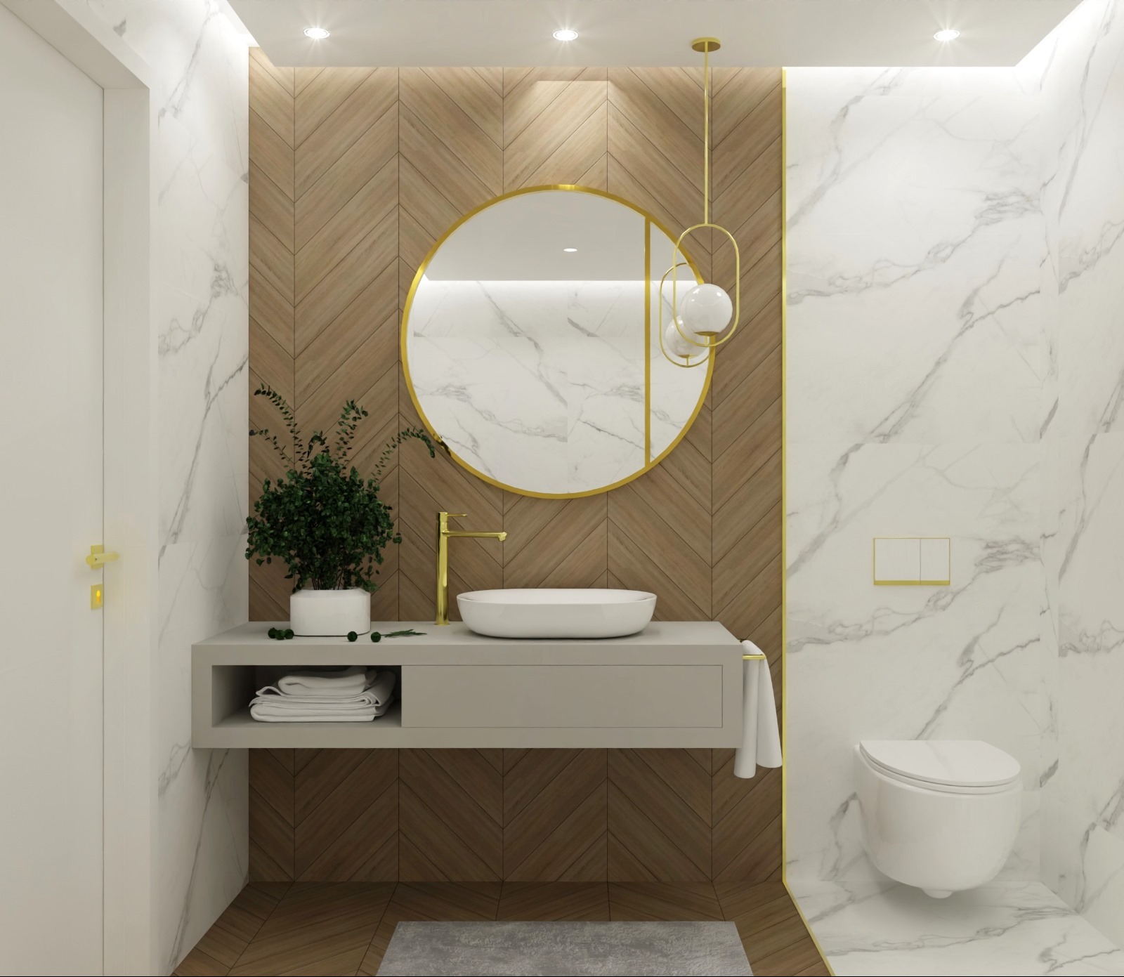 Elegancka łazienka z okrągłym lustrem w złotej ramie, drewnianą ścianą ułożoną w jodełkę, marmurowymi płytkami i wiszącą toaletą.