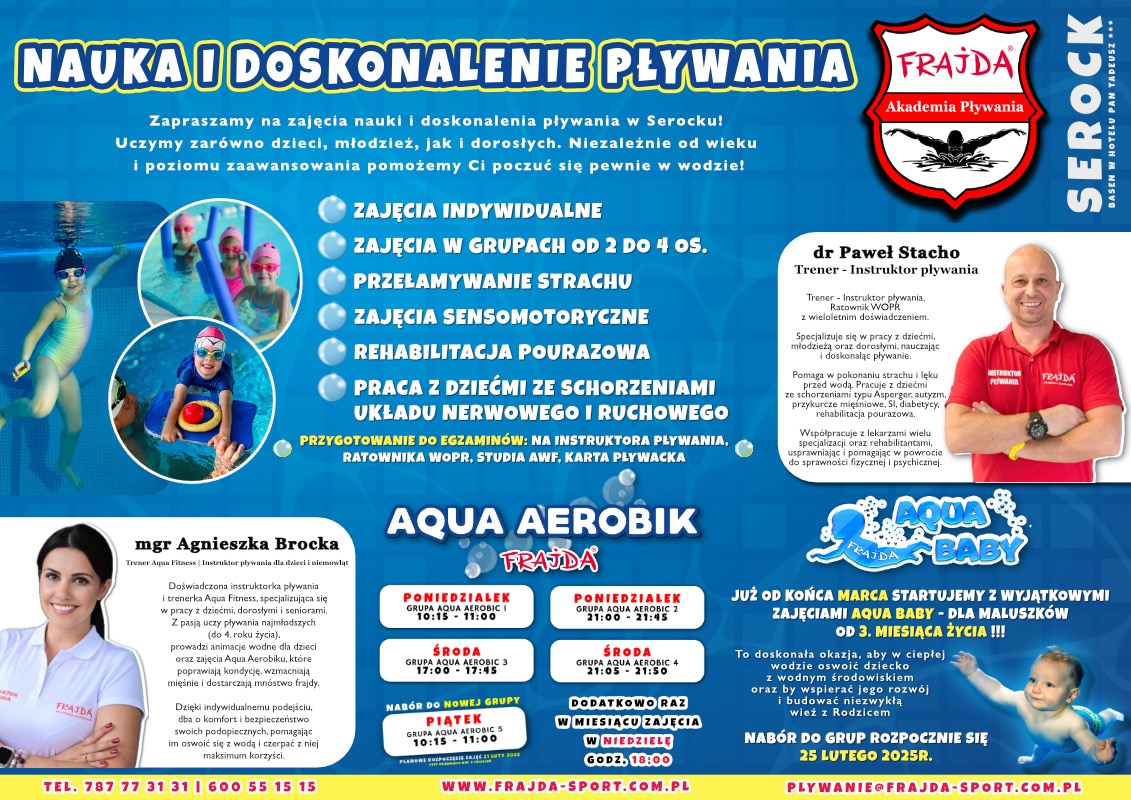 Plakat reklamowy Akademii Pływania Frajda w Serocku, oferującej zajęcia indywidualne, grupowe, aqua aerobik i aqua baby, z wizerunkami instruktorów i dzieci w basenie.