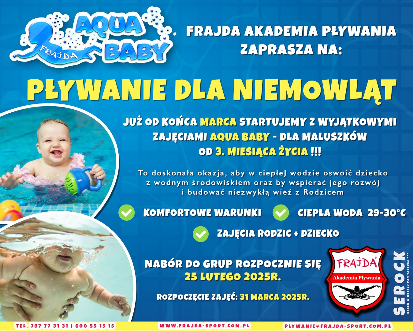 Plakat reklamowy z uśmiechniętym niemowlęciem w basenie, promujący zajęcia Aqua Baby dla maluszków od 3 miesiąca życia, z informacją o komforcie, ciepłej wodzie i zajęciach rodzic-dziecko oraz datą...
