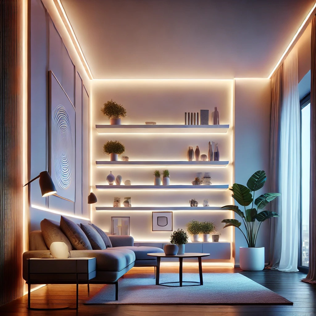 Nowoczesny salon z podświetlanymi półkami, narożną sofą i lampą podłogową, oświetlenie LED wzdłuż ścian i sufitu tworzy ciepłą atmosferę.