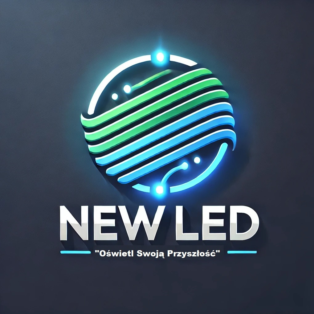 Logo firmy NEW LED z hasłem 'Oświetl Swoją Przyszłość', przedstawiające stylizowaną kulę ziemską z zielono-niebieskimi pasami i elementami przypominającymi obwody elektryczne, otoczoną świetlistą...