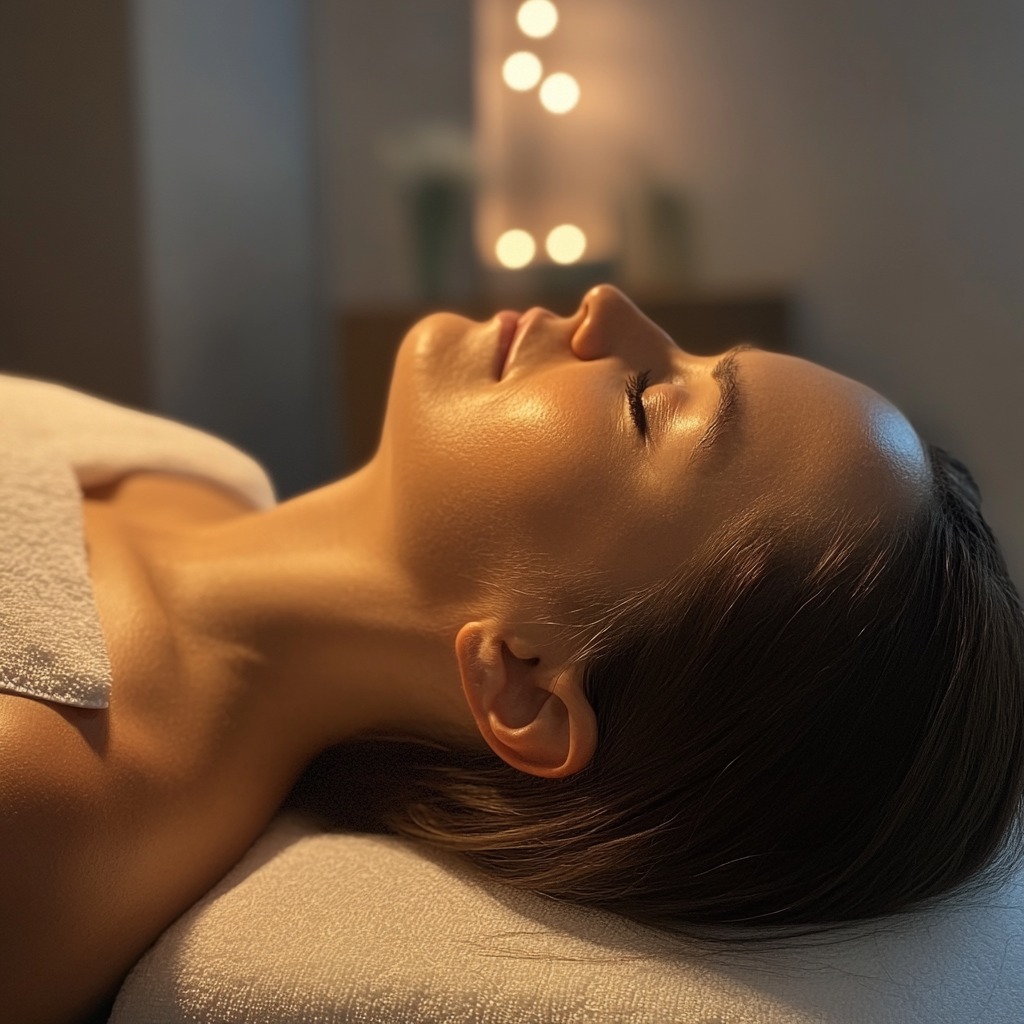 Kobieta leży na białym ręczniku z zamkniętymi oczami, oświetlona ciepłym światłem, w tle widoczne dekoracyjne lampki.