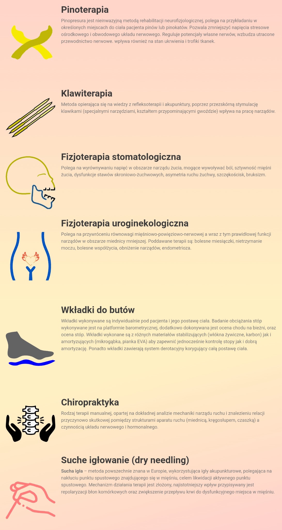 Zestawienie grafik ilustrujących różne metody terapii: pinoterapia z żółtym znakiem X, klawiterapia z trzema gwoździami, fizjoterapia stomatologiczna z profilem głowy, fizjoterapia...