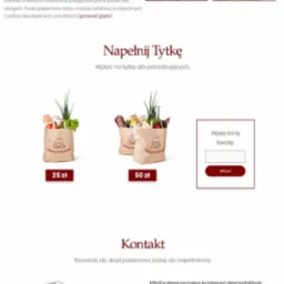 Strona internetowa akcji charytatywnej Tytka Charytatywna, prezentująca logo Caritas, wizerunek dziecka jedzącego chleb, opis akcji, wizualizacje toreb z artykułami spożywczymi oraz formularz...