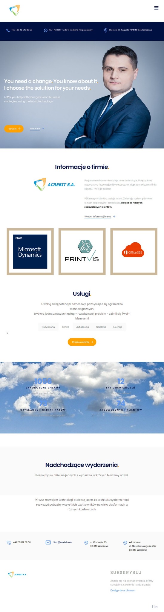 Strona internetowa firmy Acrebit S.A. z informacjami o ofercie, logo Microsoft Dynamics, PrintVis i Office 365, dane kontaktowe oraz zdjęcie przedstawiciela firmy.