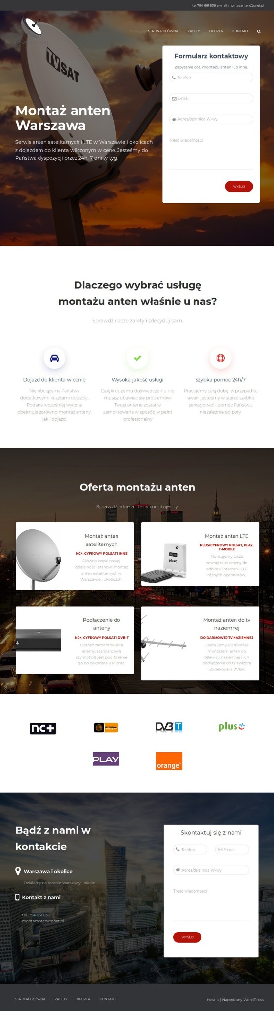 Strona internetowa firmy oferującej montaż anten satelitarnych i LTE w Warszawie, z formularzem kontaktowym i informacjami o ofercie.