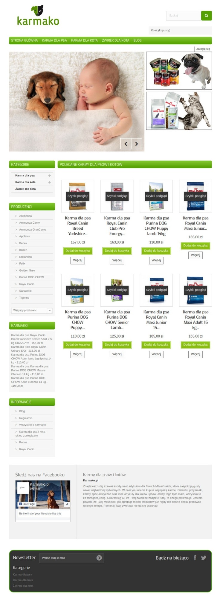 Strona główna sklepu internetowego z karmą dla psów i kotów Karmako.pl, prezentująca śpiącego szczeniaka jamnika obok śpiącego niemowlęcia w nagłówku. Po prawej stronie widoczne zdjęcia karm...