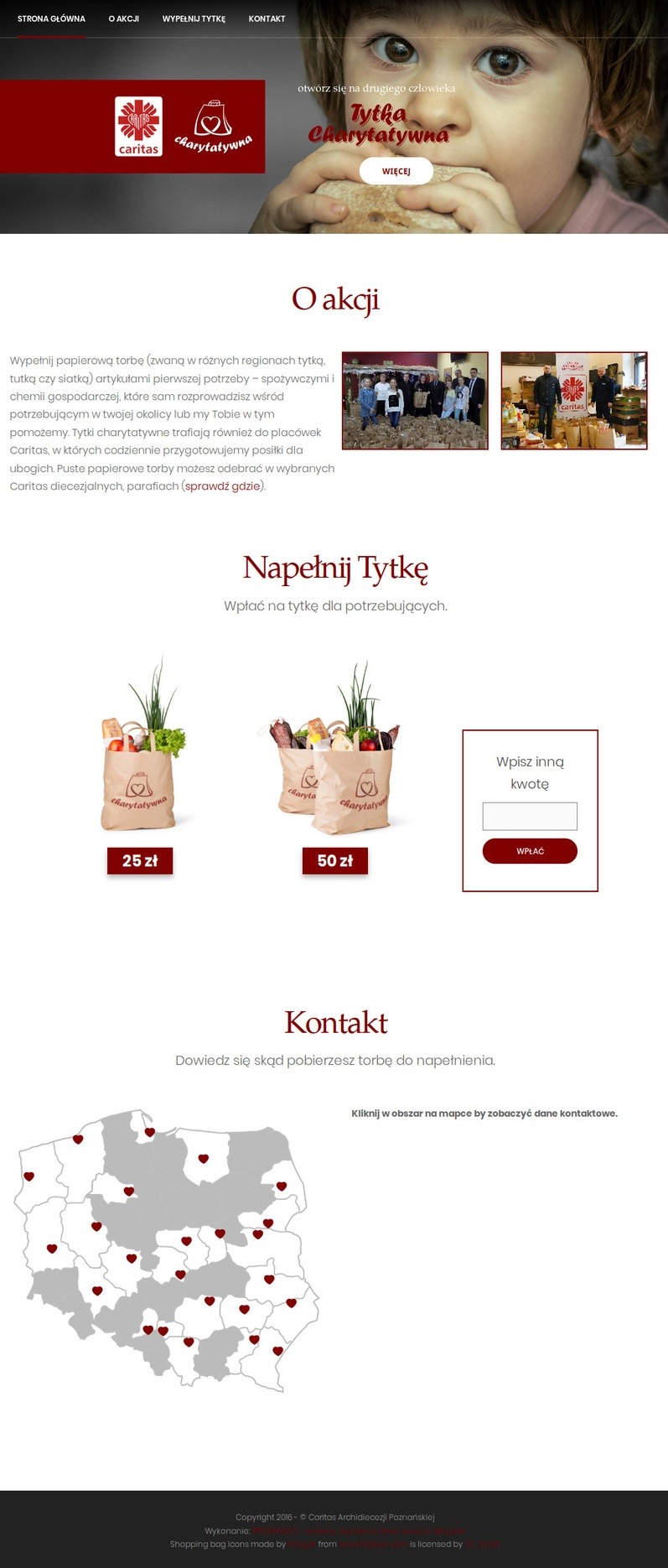 Strona internetowa akcji charytatywnej Tytka Charytatywna, prezentująca logo Caritas, wizerunek dziecka jedzącego chleb, opis akcji, wizualizacje toreb z artykułami spożywczymi oraz formularz...