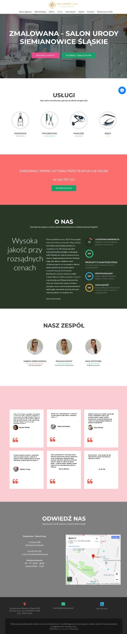 Zrzut ekranu strony internetowej salonu urody Zmalowana z Siemianowic Śląskich, prezentujący logo, menu nawigacyjne, ofertę usług (paznokcie, fryzjerstwo, makijaż, rzęsy), informacje kontaktowe...