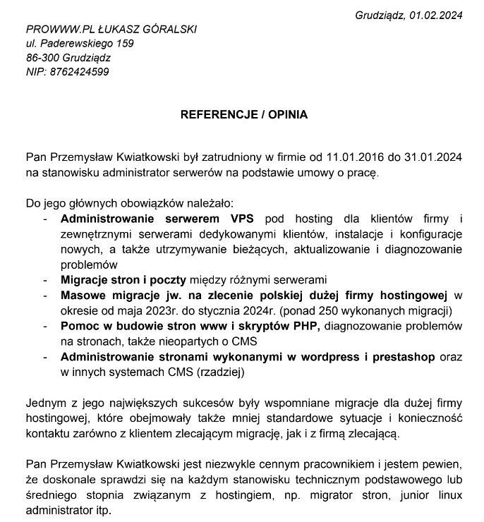 Skan dokumentu referencyjnego dla administratora serwerów, zawierający informacje o obowiązkach, w tym administracja serwerami VPS, migracje stron i poczty, pomoc w budowie stron www i skryptów PHP...