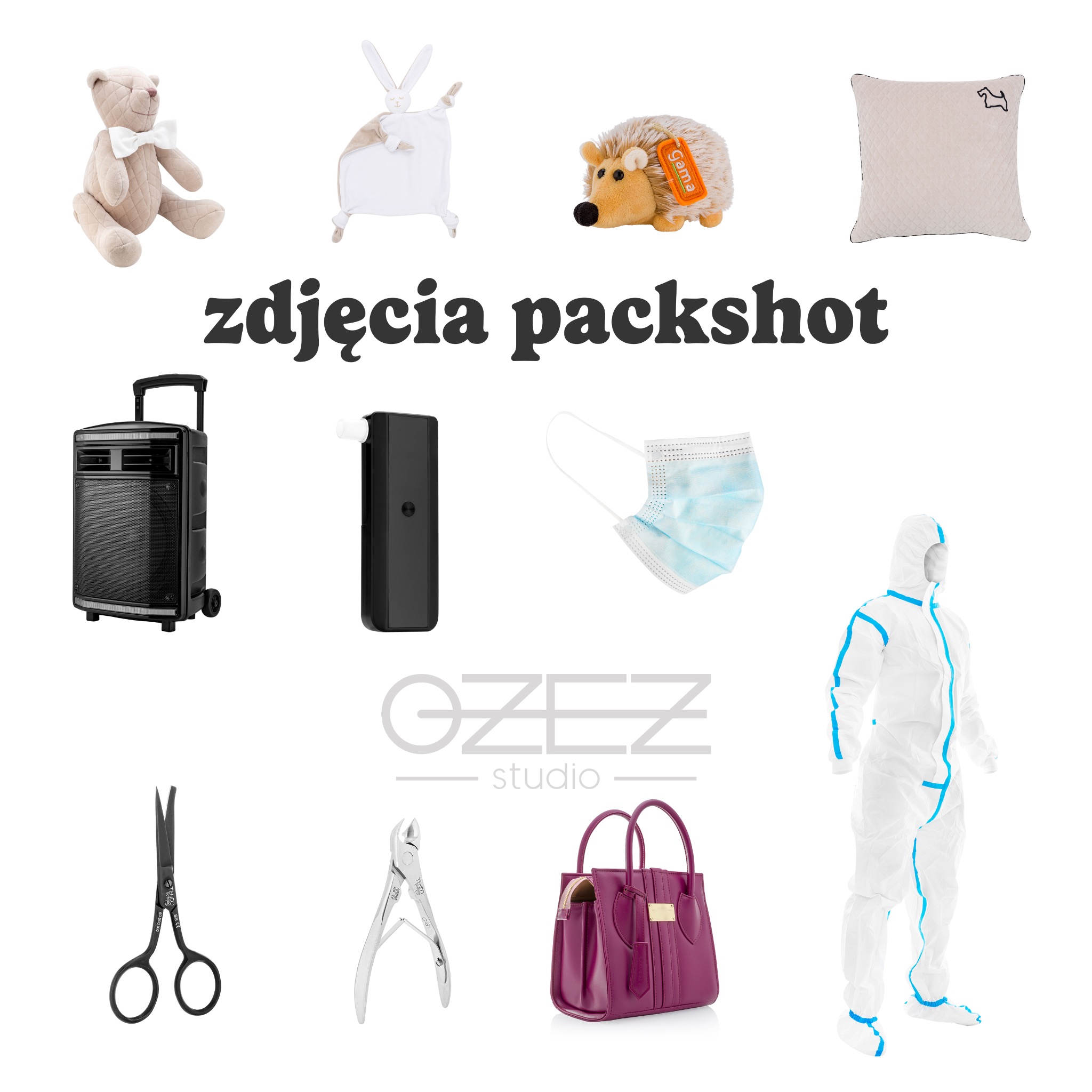 Zdjęcie packshot przedstawiające różnorodne przedmioty na białym tle: pluszowy miś, przytulanka królik, pluszowy jeż, poduszka, głośnik przenośny, alkomat, maseczka medyczna, kombinezon ochronny...