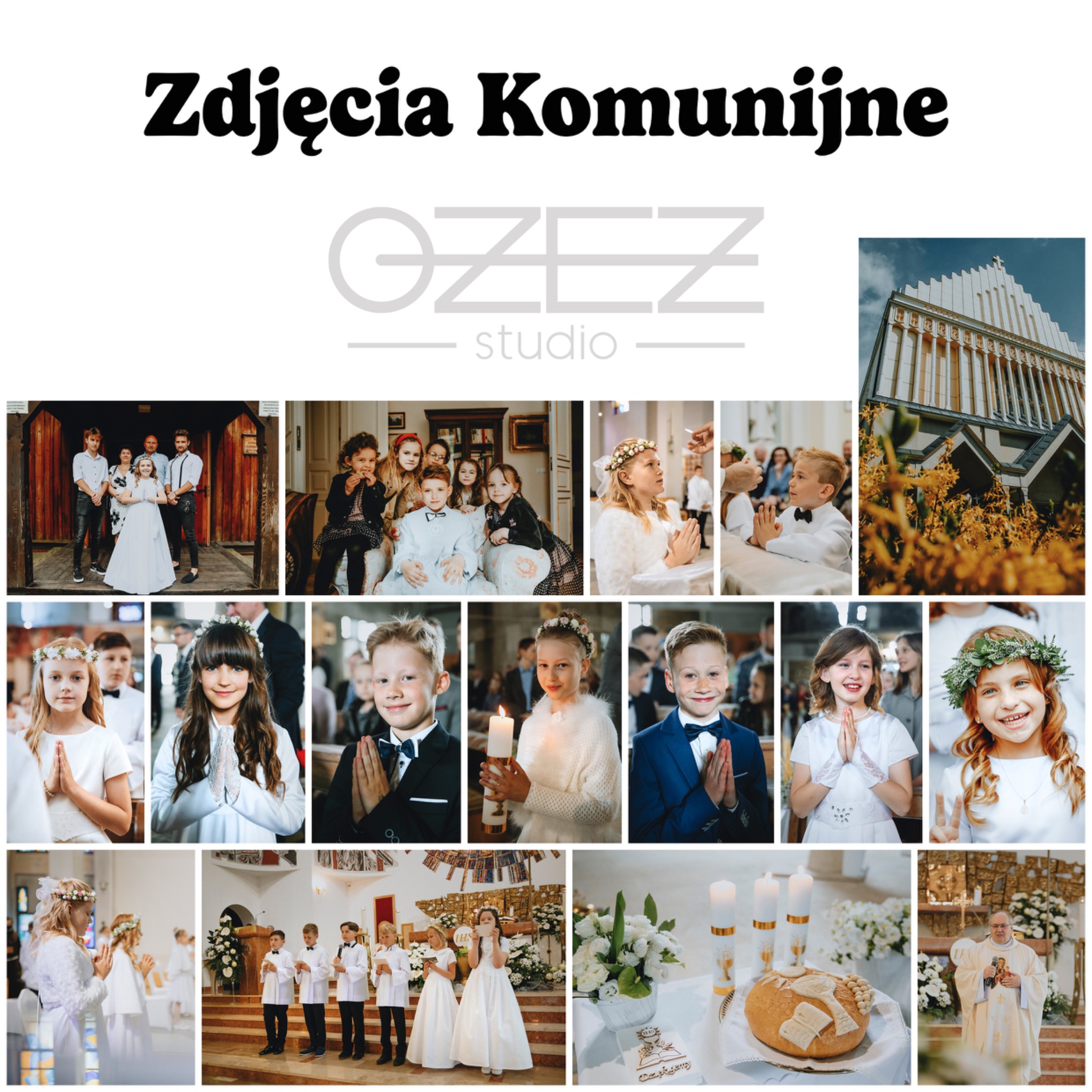 Kolaż zdjęć z uroczystości Pierwszej Komunii Świętej: portrety dzieci w strojach komunijnych, ujęcia grupowe przed kościołem, detale dekoracji i ksiądz podczas ceremonii. W górnej części logo...