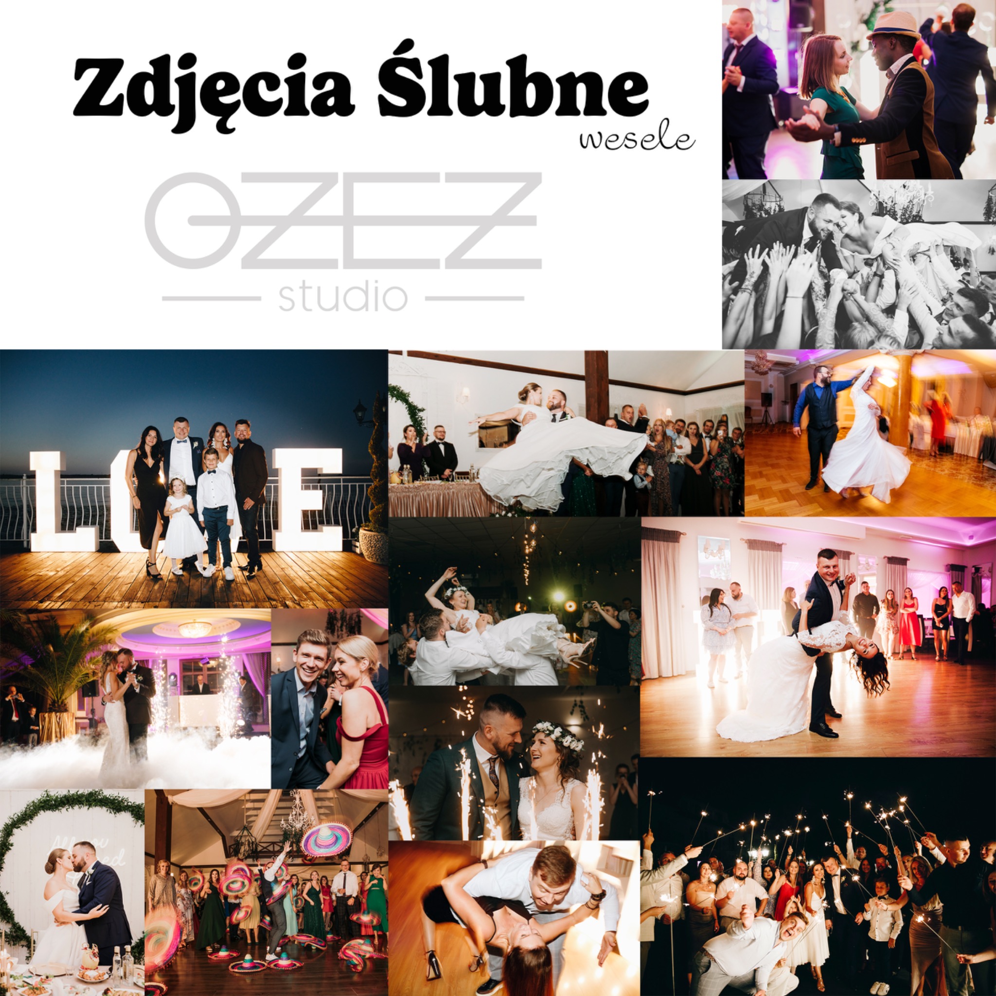 Kolaż zdjęć ślubnych prezentujący różnorodne ujęcia z ceremonii i wesela, w tym taniec, portrety rodzinne z podświetlanym napisem LOVE oraz sceny z użyciem fajerwerków i zimnych ogni, całość...