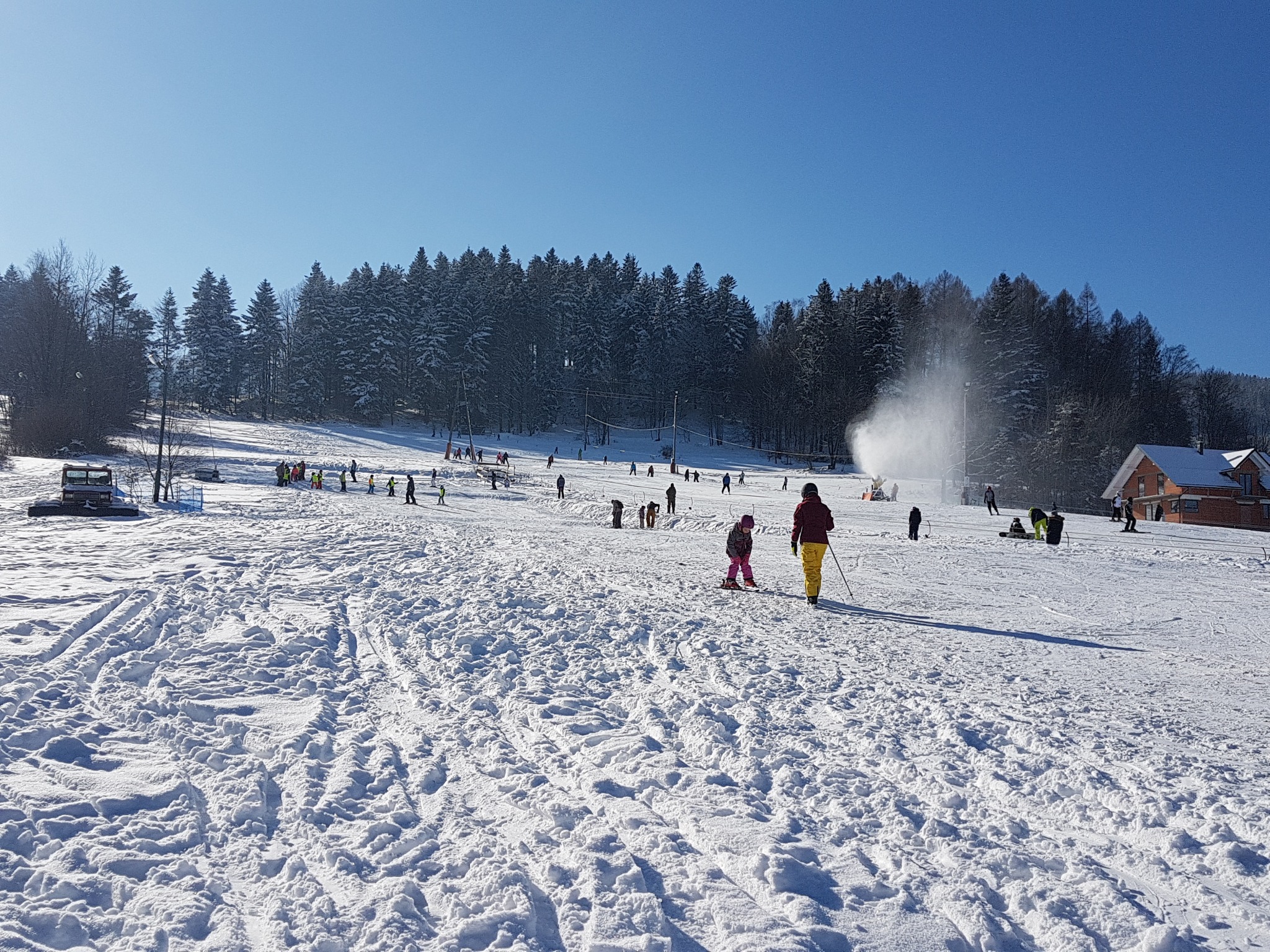 Słoneczny dzień na stoku narciarskim z widocznymi narciarzami, drzewami i armatką śnieżną w tle, przy budynku z cegły.