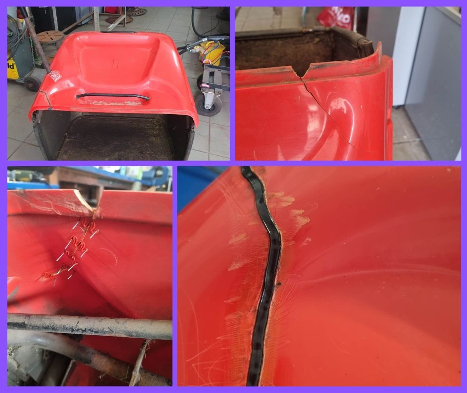 Naprawa pękniętej, czerwonej obudowy kosiarki: widoczna spawana szczelina, zszyte drutem pęknięcie oraz ogólny widok kosiarki.