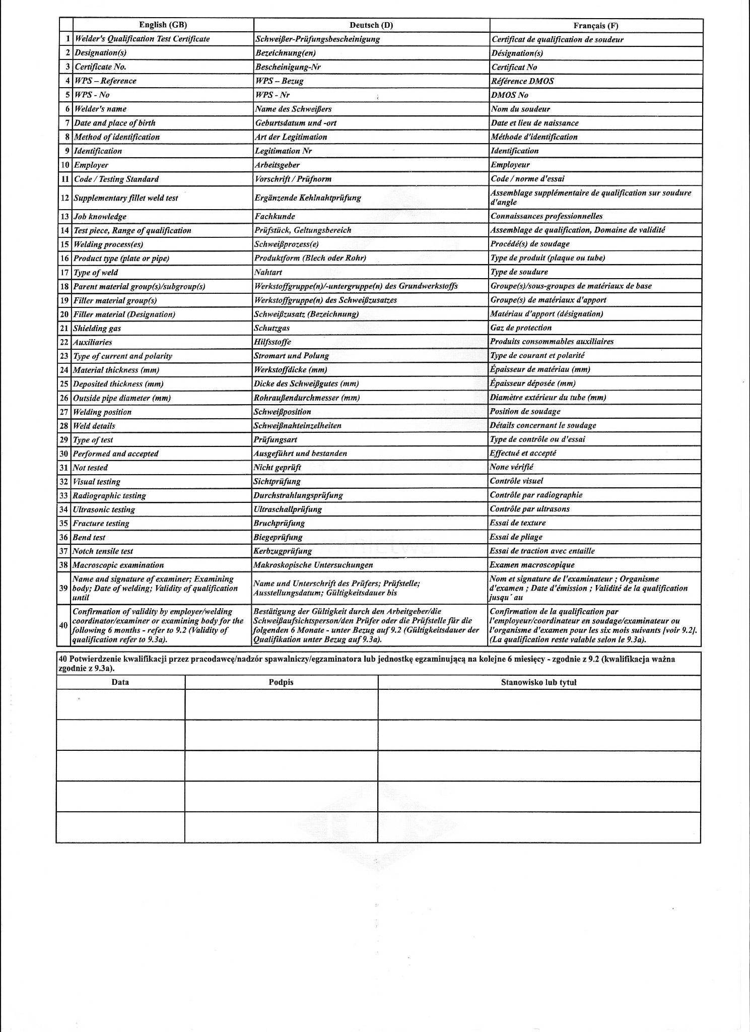Skan certyfikatu kwalifikacji spawacza w trzech językach: angielskim, niemieckim i francuskim, zawierający szczegółowe informacje o procesie spawania, materiałach i badaniach.
