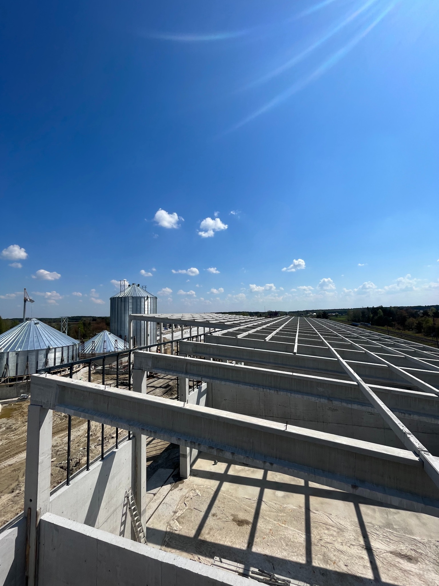 Budowa hali magazynowej w Tarnobrzegu: widok z góry na betonowe konstrukcje szkieletu dachu oraz silosy zbożowe w tle, błękitne niebo z promieniami słońca.