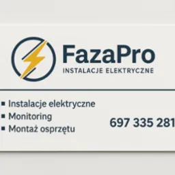 Wizytówka firmy FazaPro z logo błyskawicy, oferującej instalacje elektryczne, monitoring i montaż osprzętu. Kontakt: 697 335 281.