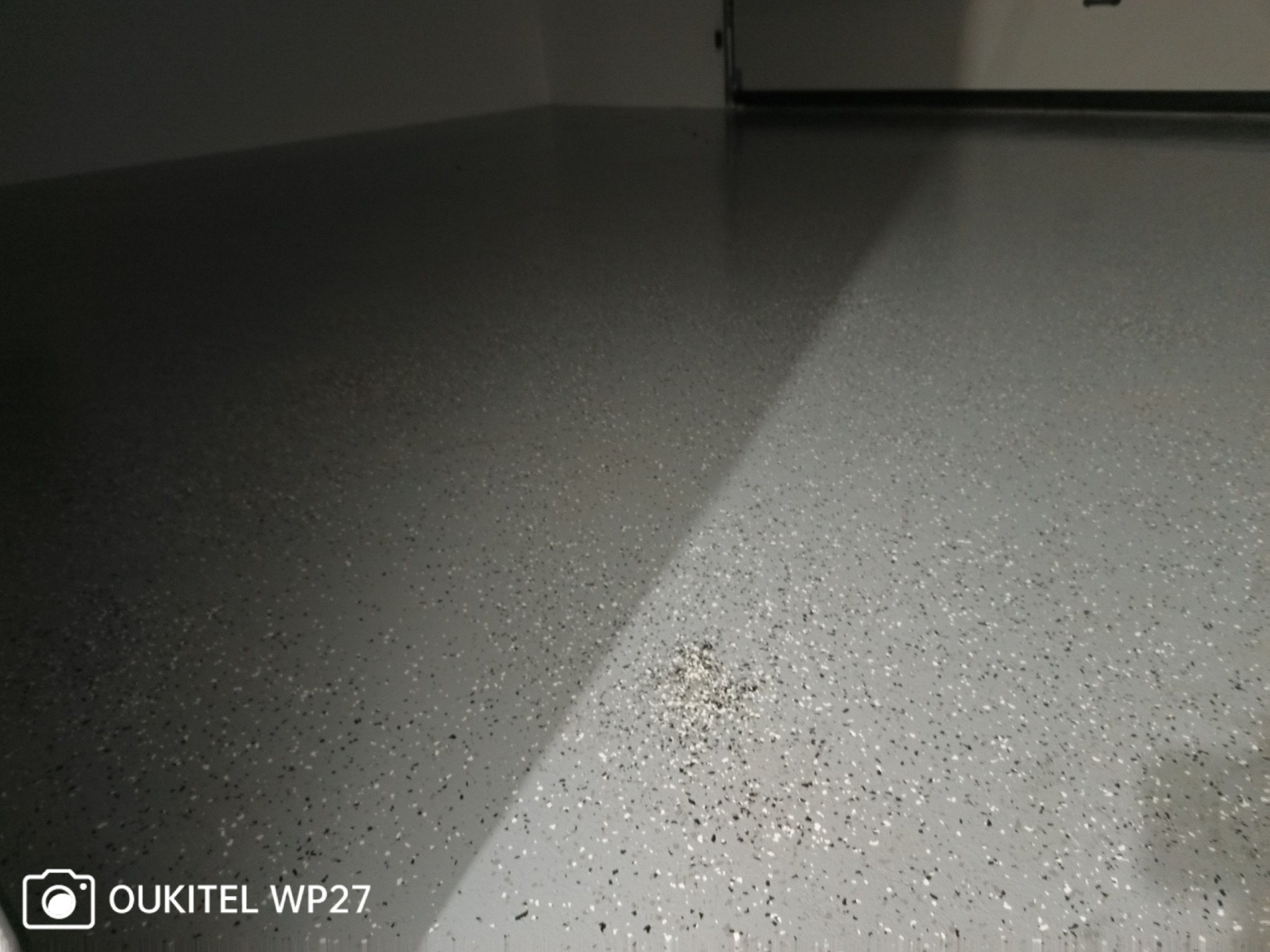 Szara podłoga z żywicy epoksydowej z kolorowymi płatkami, widoczny efekt połysku i fragment drzwi garażowych w tle