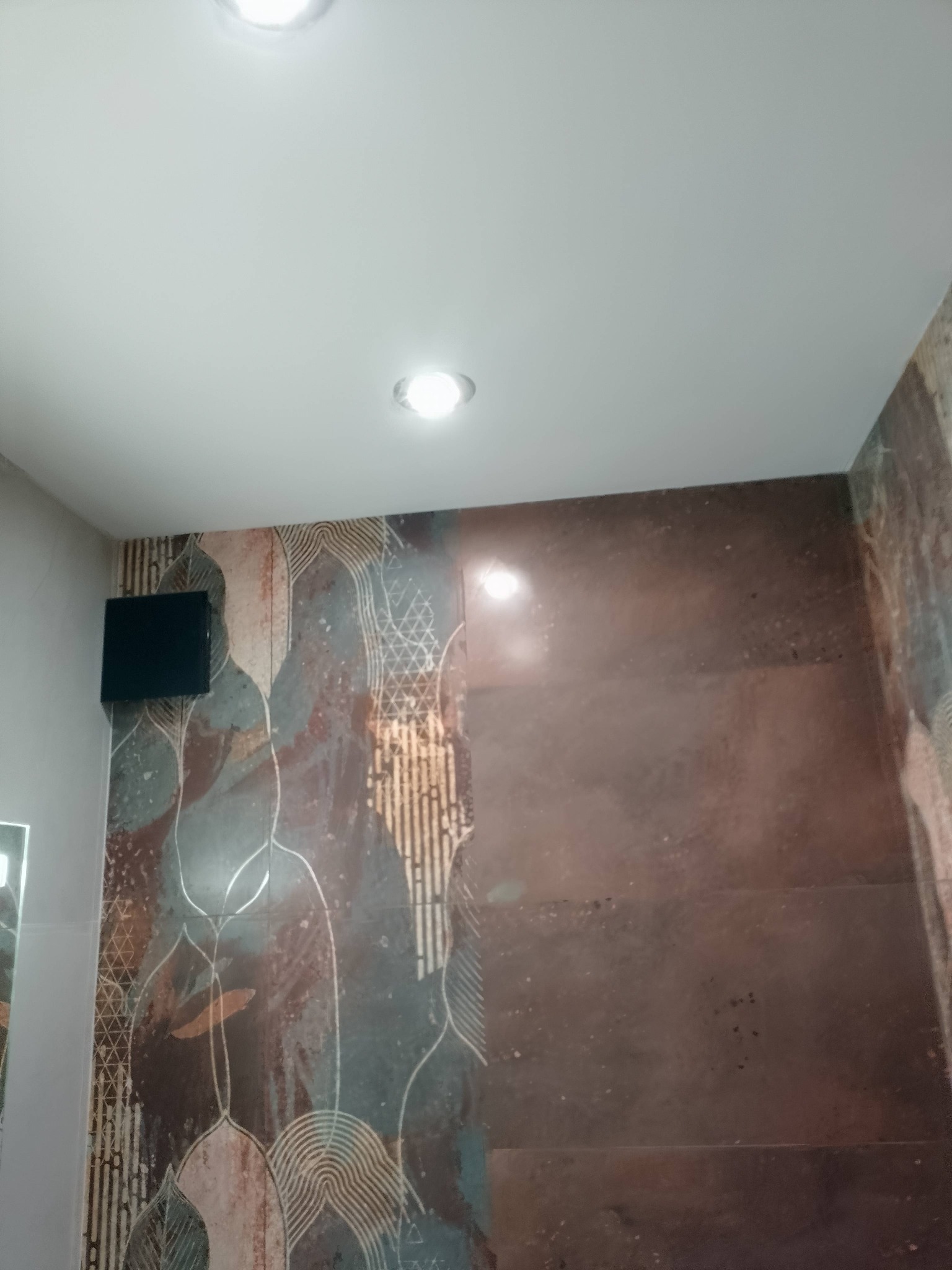 Wykończona ściana w łazience z brązowymi płytkami imitującymi kamień i dekoracyjnymi panelami z motywem roślinnym. Widoczne oświetlenie sufitowe.