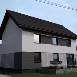 Firma remontowo-wykończeniowa PROFI-GIPS - Dwukondygnacyjny dom z szarymi panelami elewacyjnymi i ciemnoszarą dachówką, widok z zewnątrz, z samochodem osobowym na podjeździe.