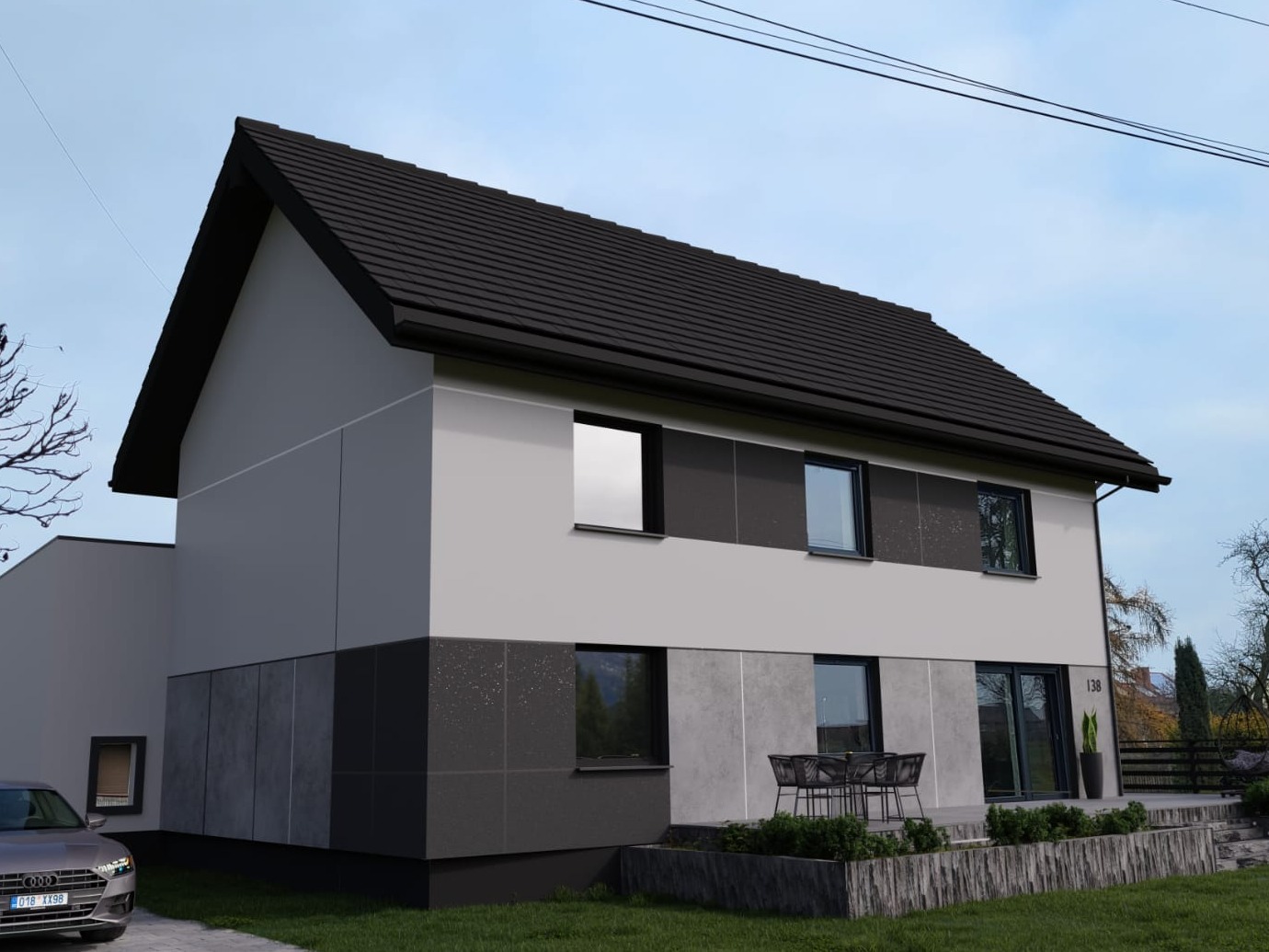 Dwukondygnacyjny dom z szarymi panelami elewacyjnymi i ciemnoszarą dachówką, widok z zewnątrz, z samochodem osobowym na podjeździe.