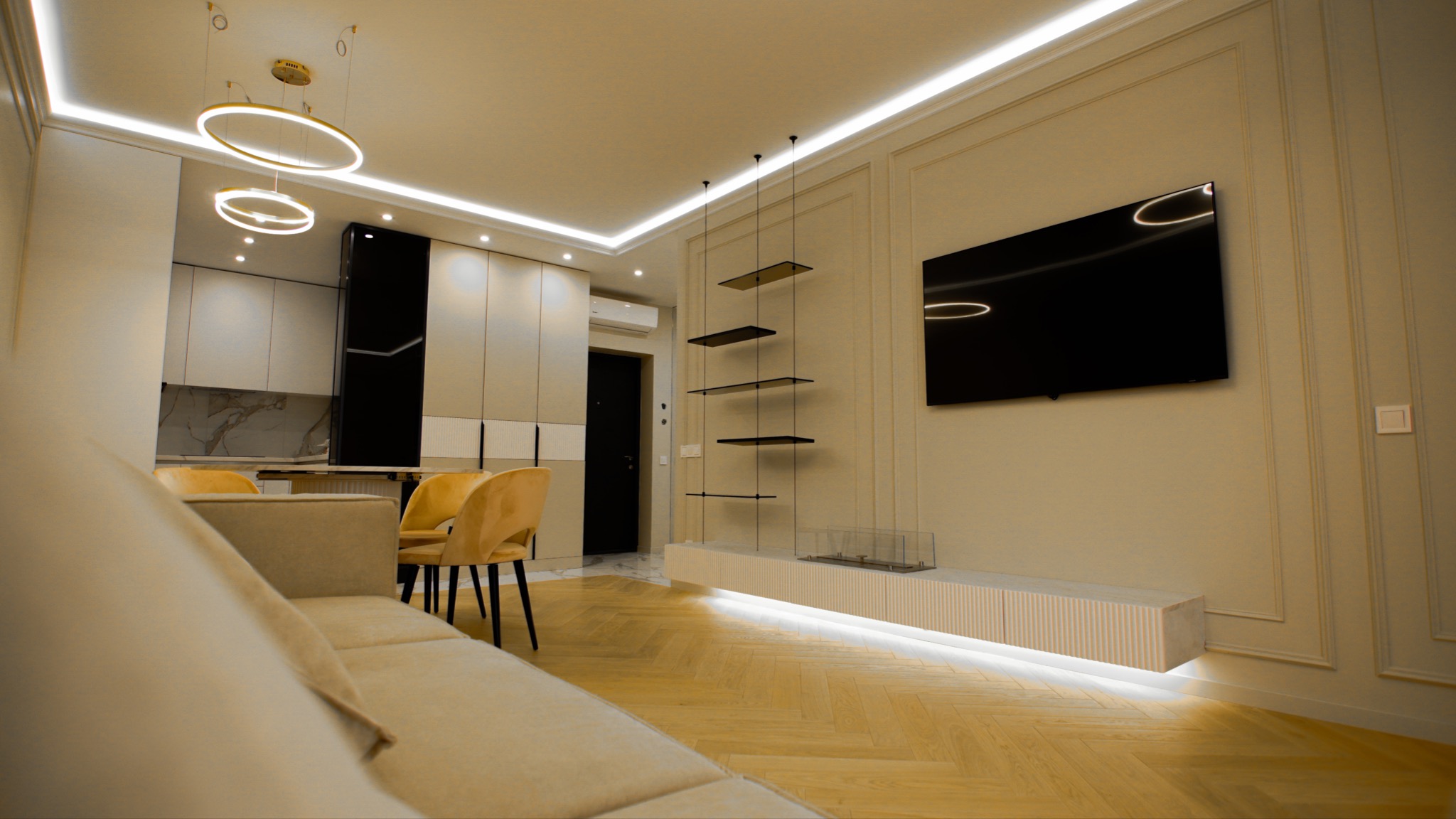 Nowoczesny salon z parkietem w jodełkę, minimalistyczną szafką RTV z podświetleniem LED, wiszącymi półkami na linkach i telewizorem na ścianie w kremowych panelach.